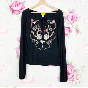 Anthropologie  Ago e Filo Black Floral Embroidered Knit Silk Blouse S